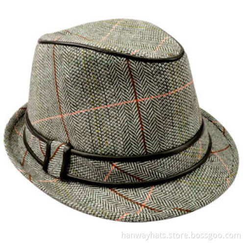 Small Plaid Trilby Fedora Hat with Double Layer PVC Trim and LoopNew